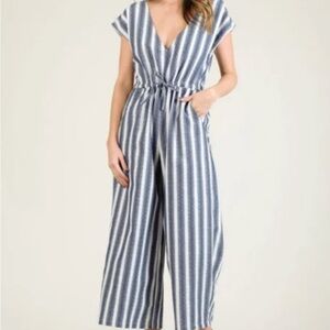 Lucca Blue & White Striped Linen Summer Jumpsuit Sz S